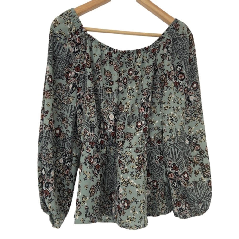 MAURICES SAGE GREEN/RUST/YELLOW POET BLOUSE WITH RUFFLE NECK, BISHOP SLEEVES, XS